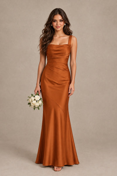 BOLODOO Burnt Orange Square Neck Ruched Satin Lace-Up Bridesmaid Dress - Burnt Orange - Burnt Orange_1
