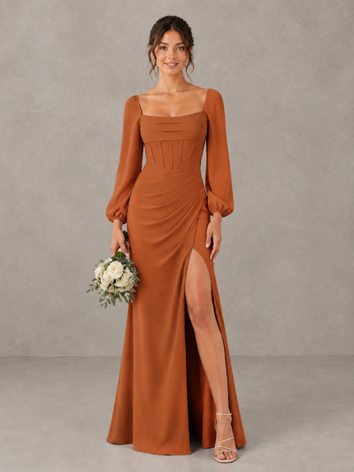 BOLODOO Burnt Orange Square Neck Long Sleeve Bridesmaid Dress with High Slit - Burnt Orange - Burnt Orange_1