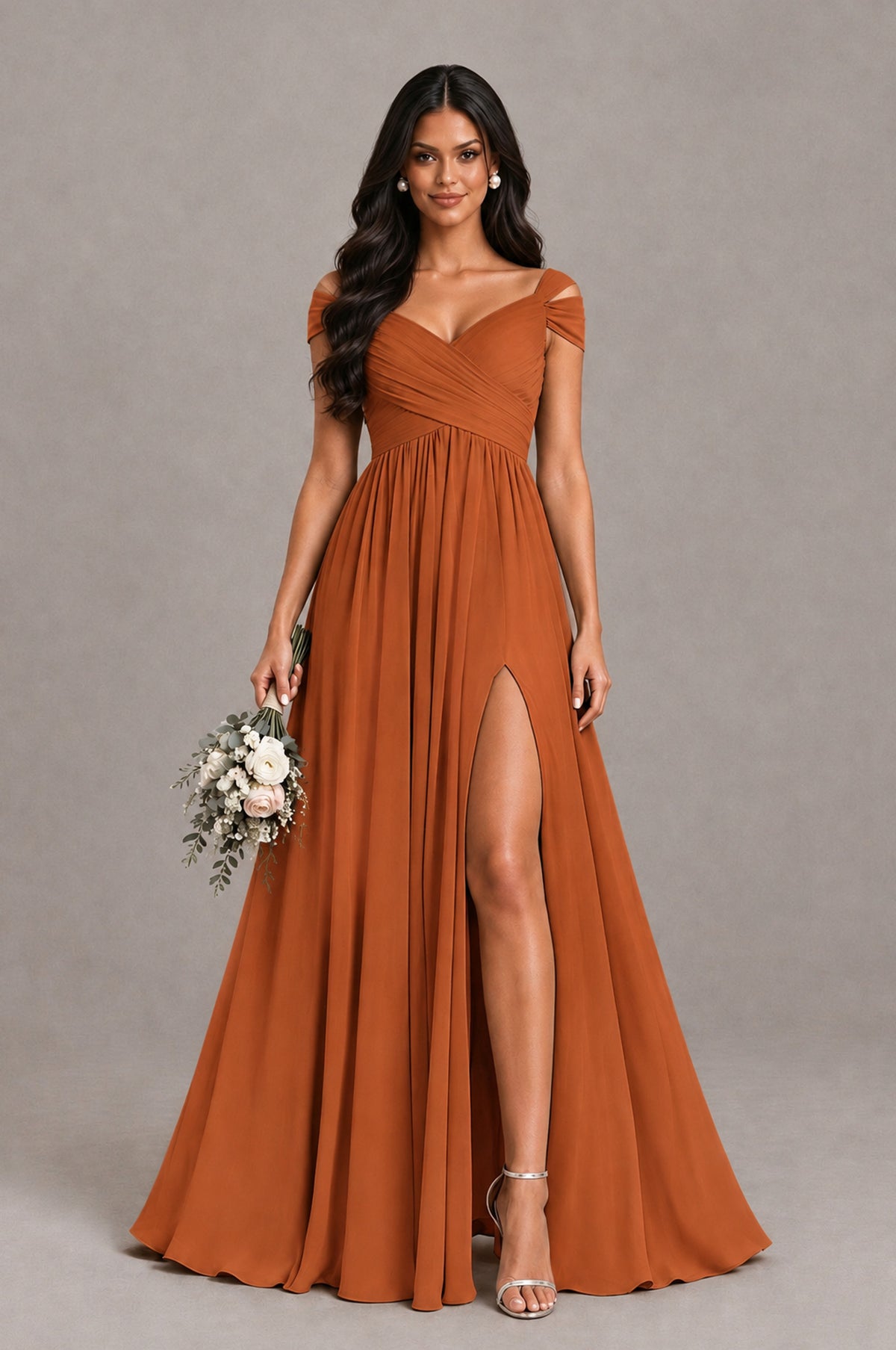BOLODOO Burnt Orange Cold Shoulder Chiffon Evening Dress with V Neck and High Slit - Burnt Orange - Burnt Orange_1