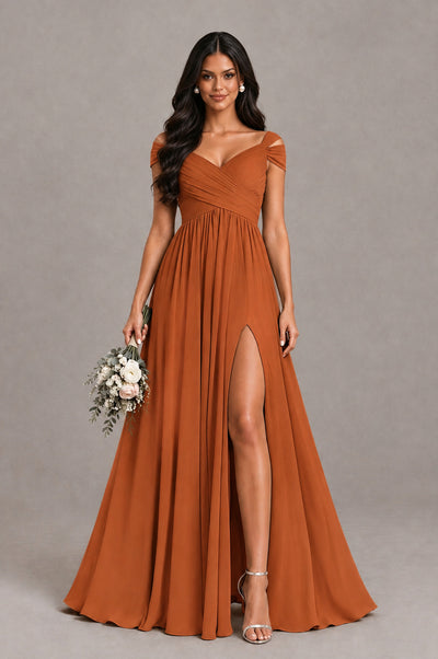 BOLODOO Burnt Orange Cold Shoulder Chiffon Evening Dress with V Neck and High Slit - Burnt Orange - Burnt Orange_1