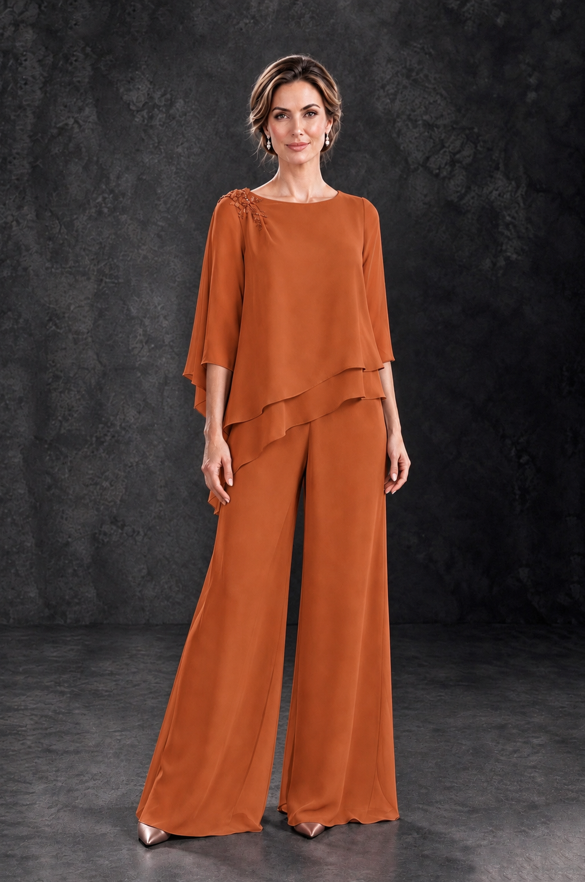 BOLODOO Burnt Orange Layered Wide-Leg Mother of the Bride Pant Suit - Burnt Orange - Burnt Orange_1