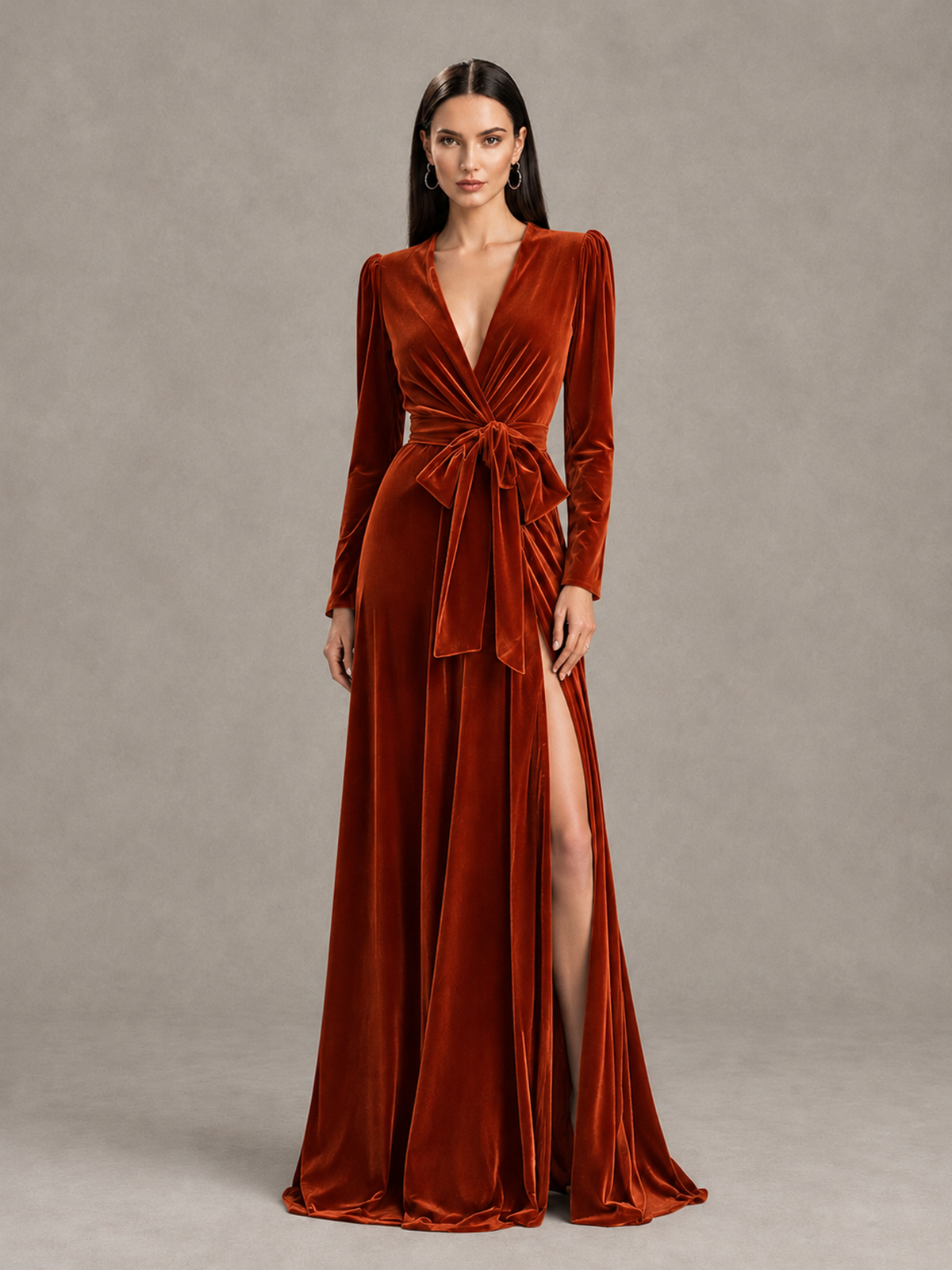 BOLODOO Burnt Orange Long Sleeve Velvet-Look Evening Dress with High Slit - Burnt Orange - Burnt Orange_1