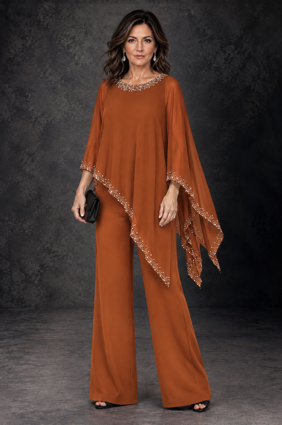 BOLODOO Burnt Orange Embellished Cape Mother of the Bride Pantsuit - Burnt Orange - Burnt_Orange_1