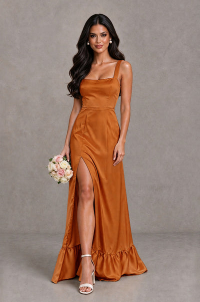 BOLODOO Burnt Orange Square Neck Satin Evening Dress with Lace-Up Back and High Slit - Burnt Orange - Burnt Orange_1
