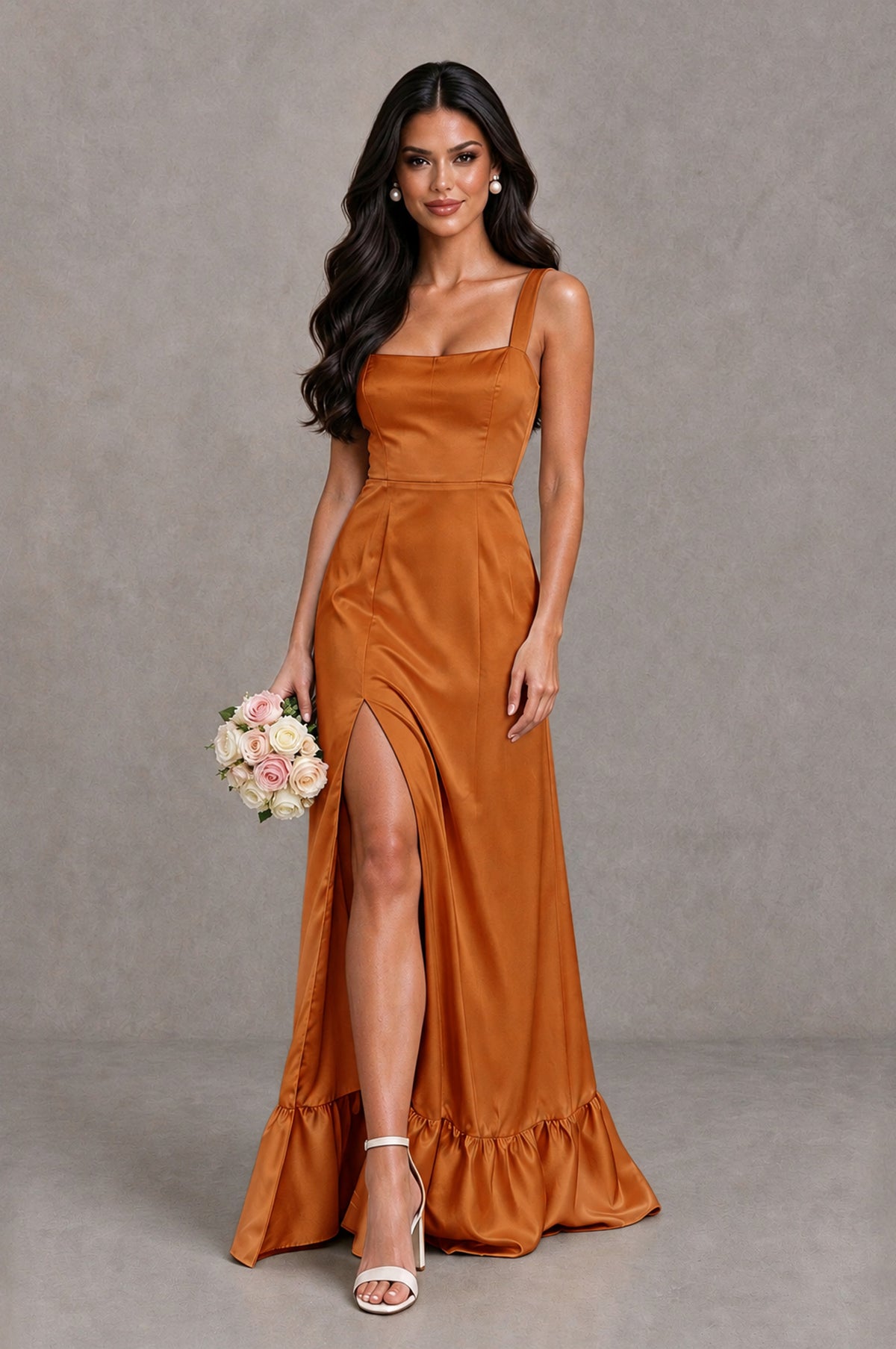 BOLODOO Burnt Orange Square Neck Satin Evening Dress with Lace-Up Back and High Slit - Burnt Orange - Burnt Orange_1