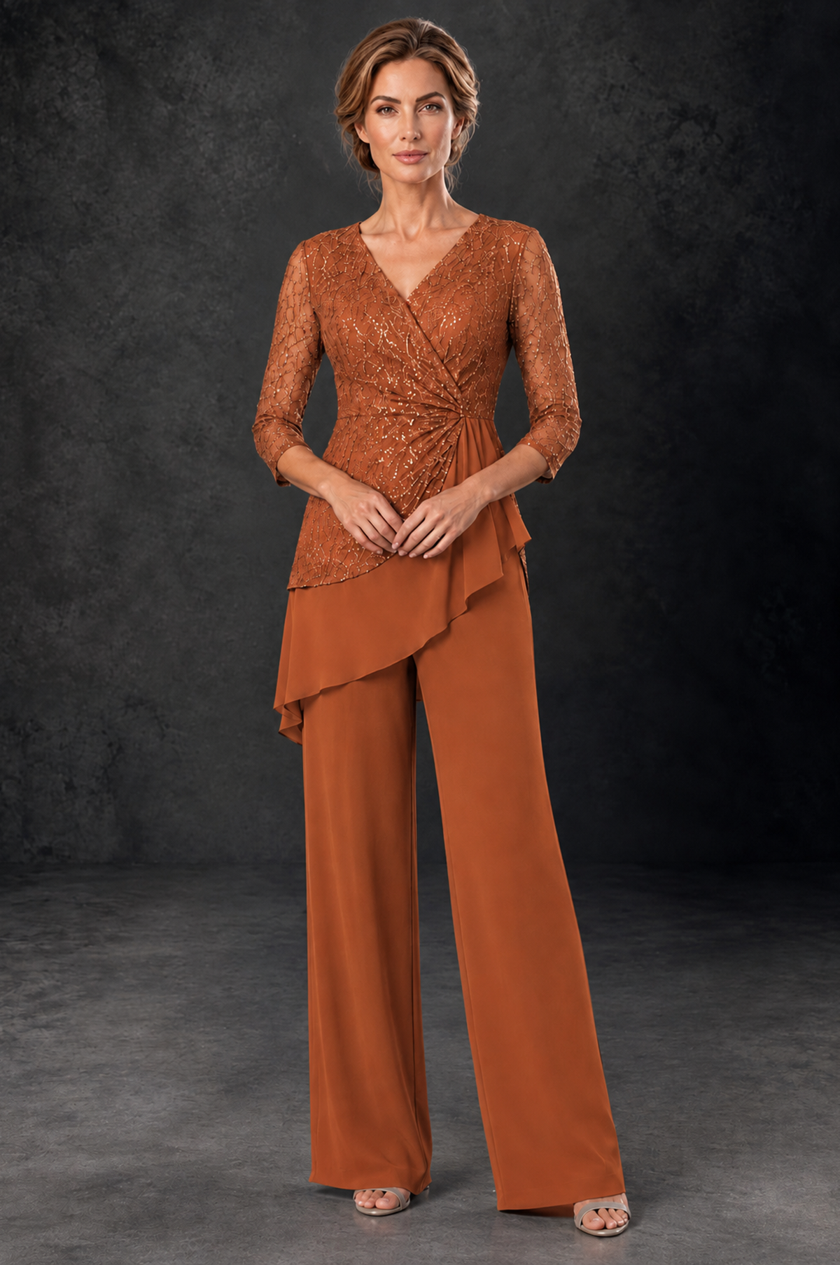 BOLODOO Burnt Orange Sequin Lace 3/4 Sleeve Chiffon Mother of the Bride Pant Suit - Burnt Orange - Burnt_Orange_1