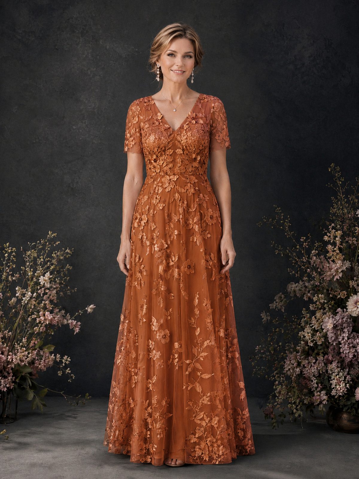 BOLODOO Burnt Orange 3D Floral Embroidered Lace V-Neck Short Sleeve A-Line Maxi Dress - Burnt Orange