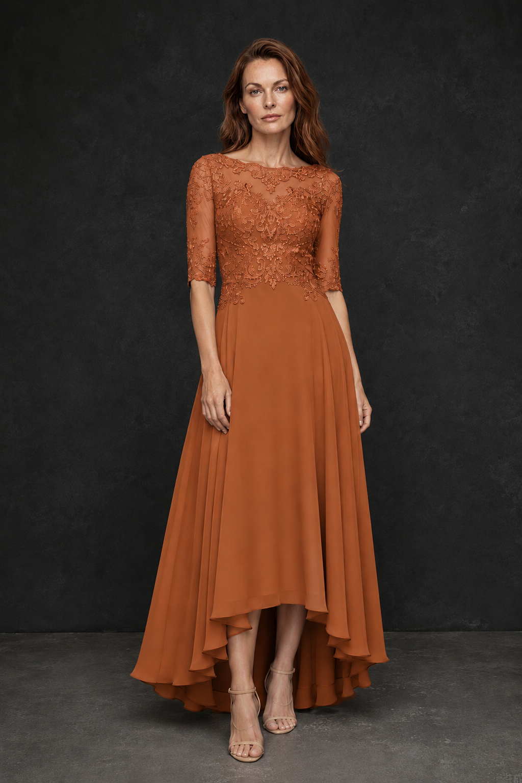 BOLODOO Burnt Orange Illusion Lace 3/4 Sleeve Hi-Lo Chiffon A-Line Dress | Mother of the Bride Tea Length Dress - Burnt Orange