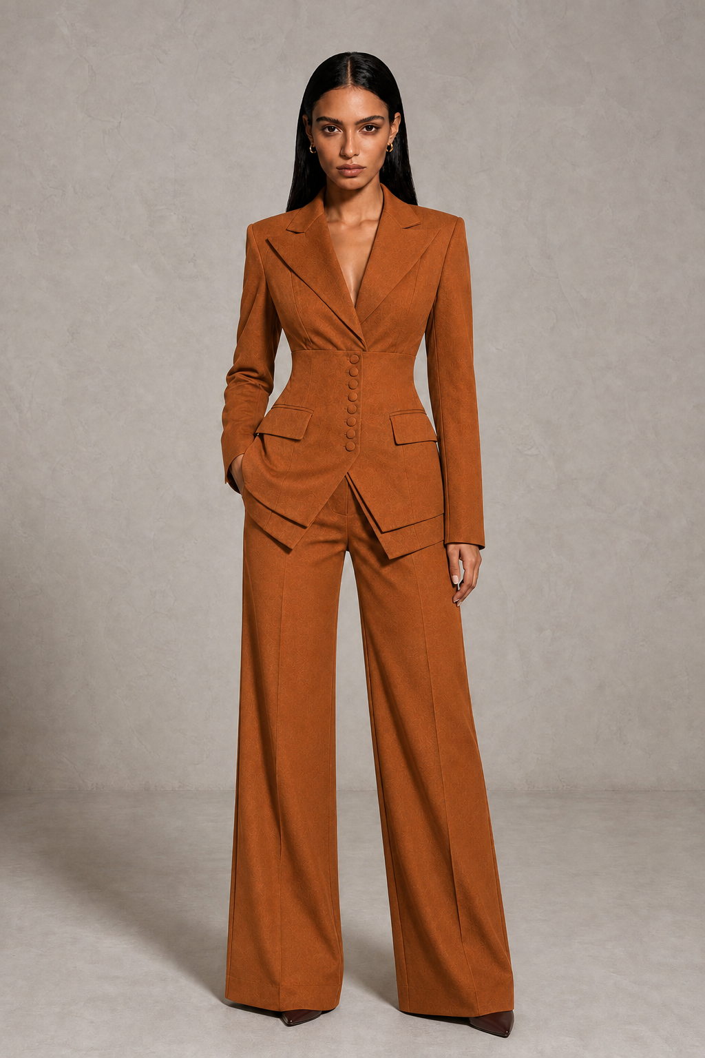 BOLODOO Burnt Orange Cinched Waist Blazer and Wide Leg Pants Two Piece Suit Set - Burnt Orange