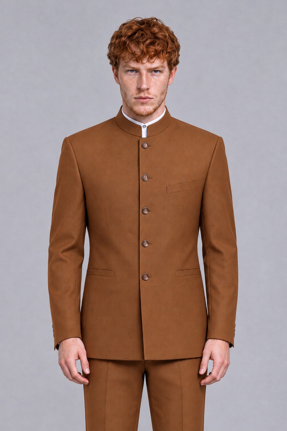 BOLODOO Men's Burnt Orange Mandarin Collar Two-Piece Suit - Burnt Orange - Burnt Orange_1