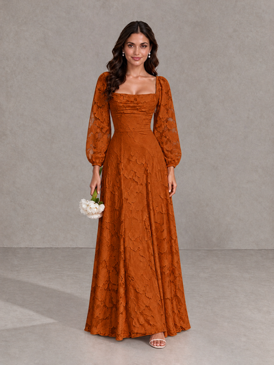 BOLODOO Burnt Orange Floral Long Sleeve A-Line Bridesmaid Dress - Burnt Orange - Burnt Orange_1