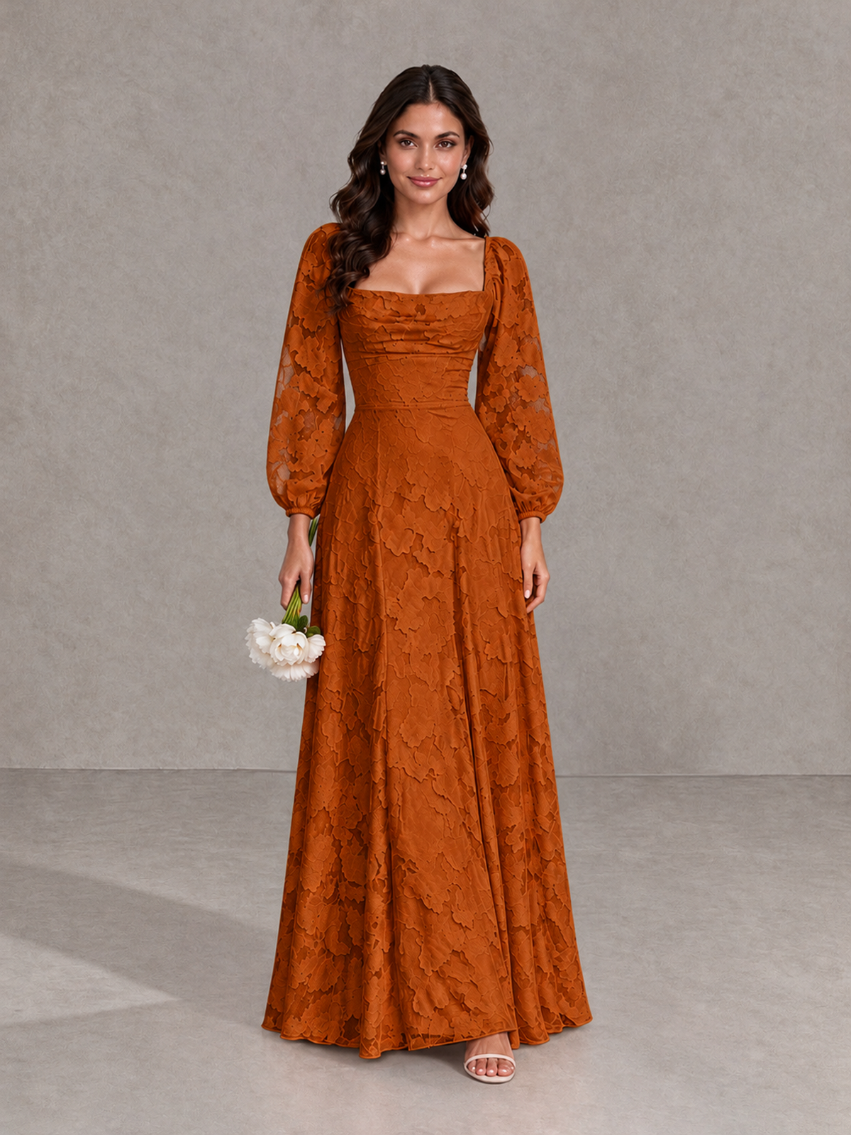 BOLODOO Burnt Orange Floral Long Sleeve A-Line Bridesmaid Dress - Burnt Orange - Burnt Orange_1