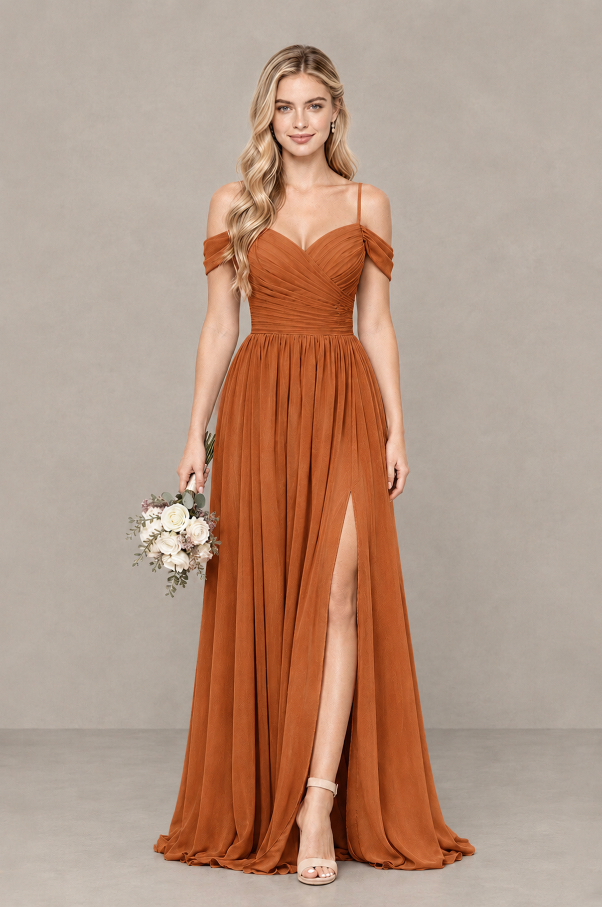 BOLODOO Burnt Orange Off-Shoulder Bridesmaid Dress with Slit - Burnt Orange