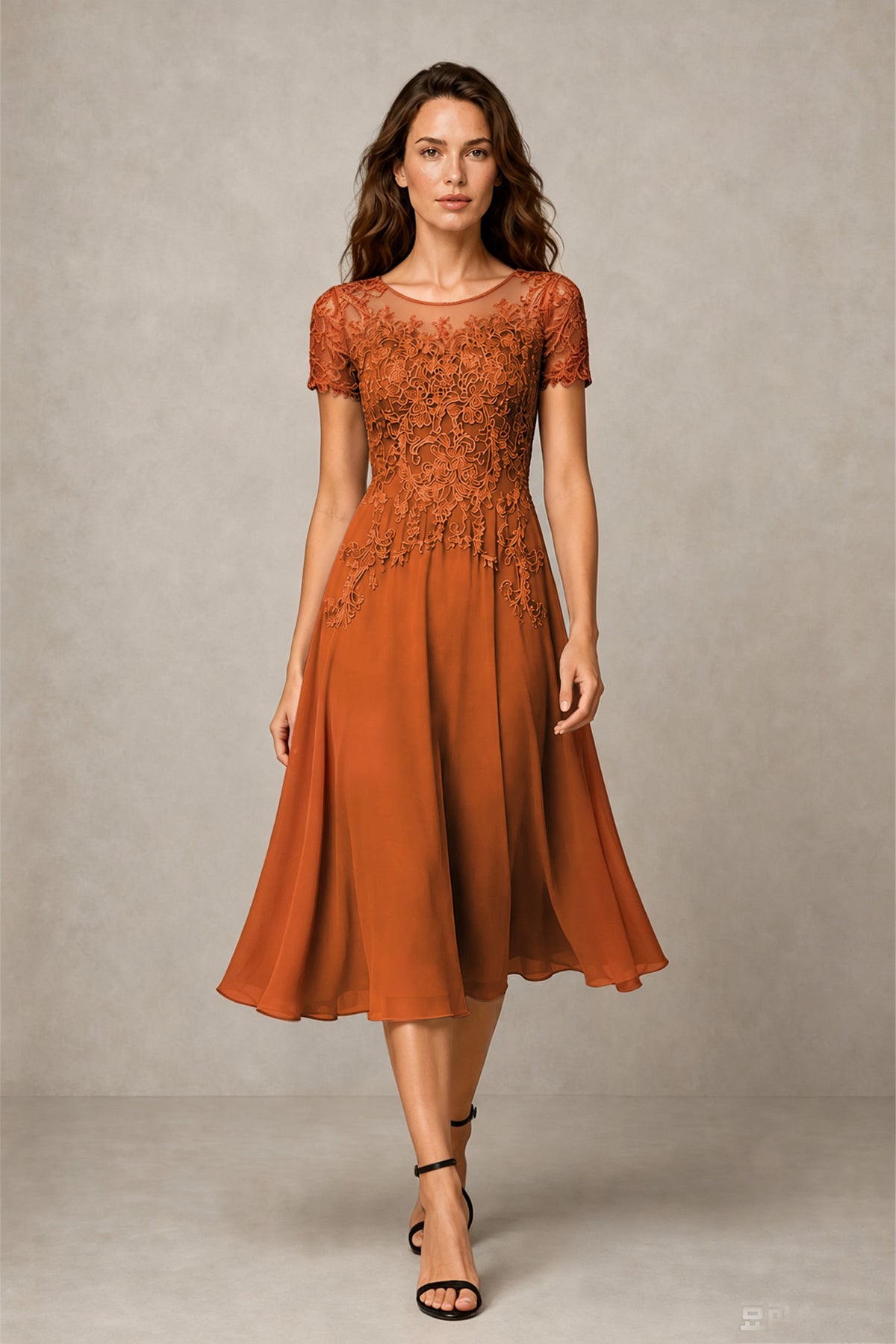 BOLODOO Steel Burnt Orange Beaded Lace Illusion Bodice Chiffon Tea-Length Dress | Mother of the Bride & Cocktail Party - Burnt Orange