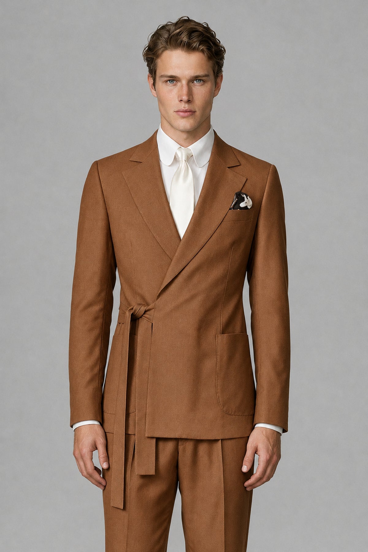 Bolodoo Men's Burnt Orange Wrap Tie-Waist Two-Piece Suit – Jacket & Trousers - Burnt Orange - Burnt Orange_1