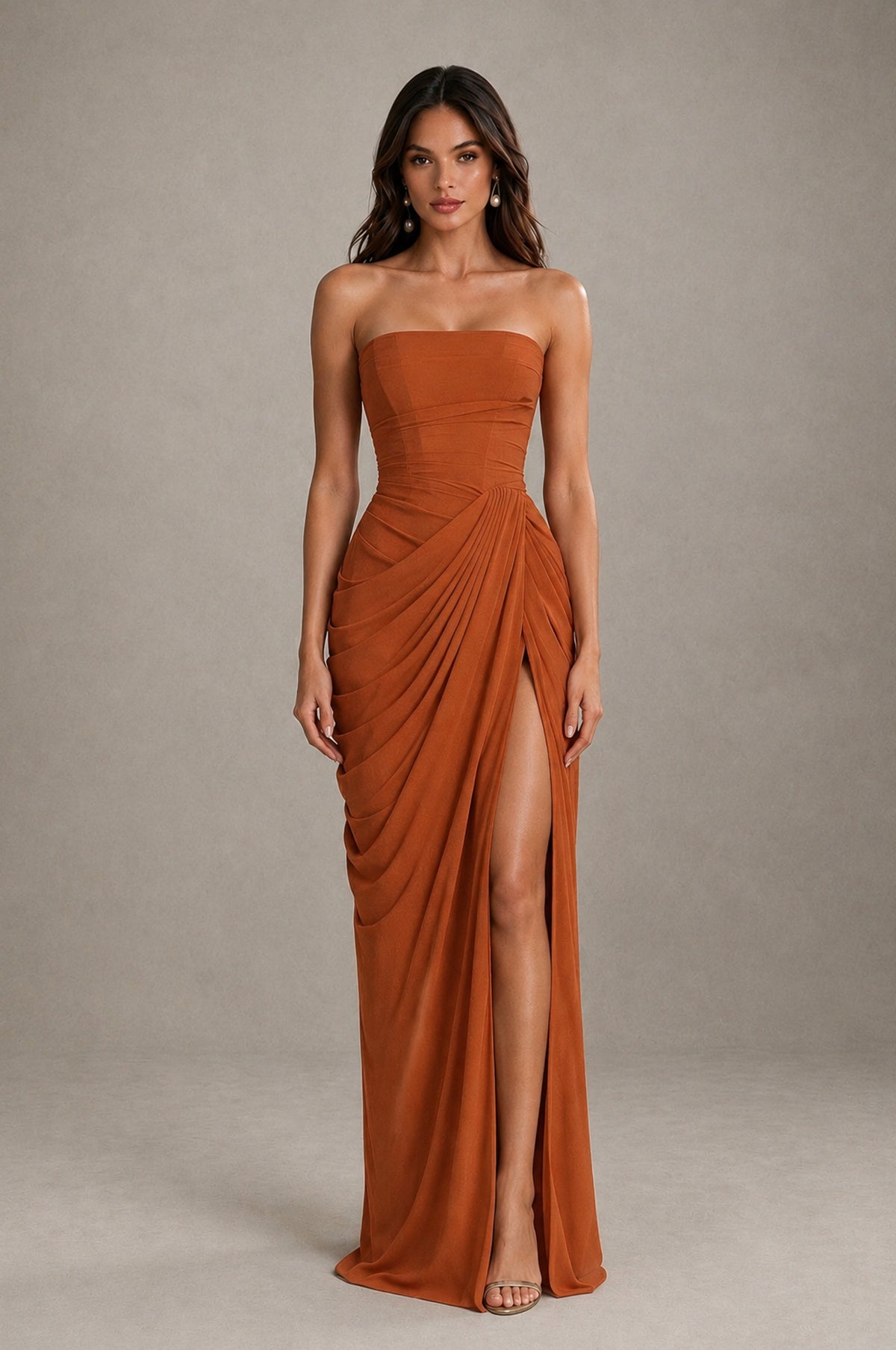 BOLODOO Strapless Draped Maxi Dress - Burnt Orange Backless Evening Gown with High Slit - Burnt Orange - Burnt Orange_1