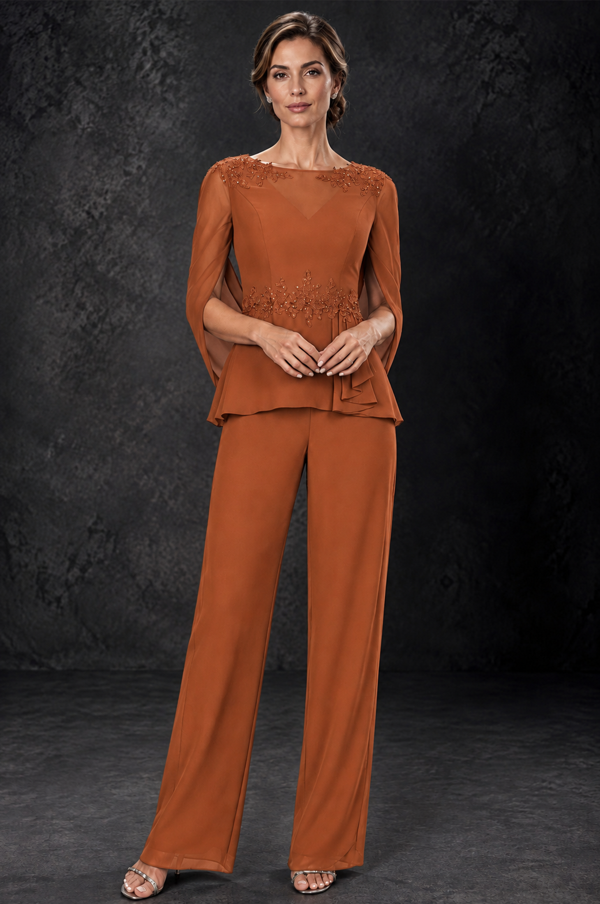 BOLODOO Burnt Orange Embellished Cape Sleeve Mother of the Bride Pantsuit - Burnt Orange - Burnt_Orange_1