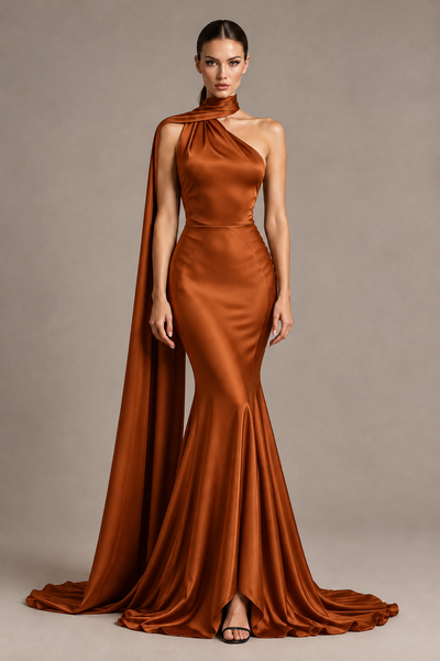BOLODOO Burnt Orange One-Shoulder Satin Mermaid Evening Dress with Scarf - Burnt Orange - Burnt Orange_1