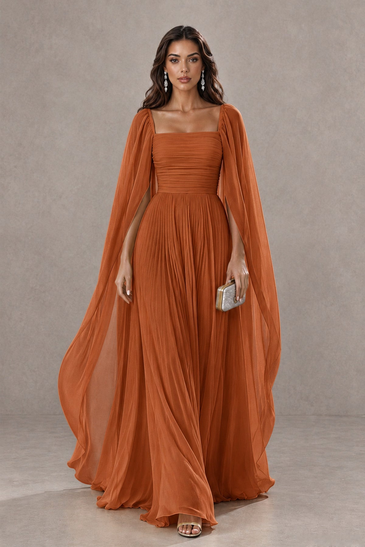 BOLODOO Burnt Orange Square Neck Cape Sleeve A-Line Evening Dress - Burnt Orange - Burnt_Orange_1