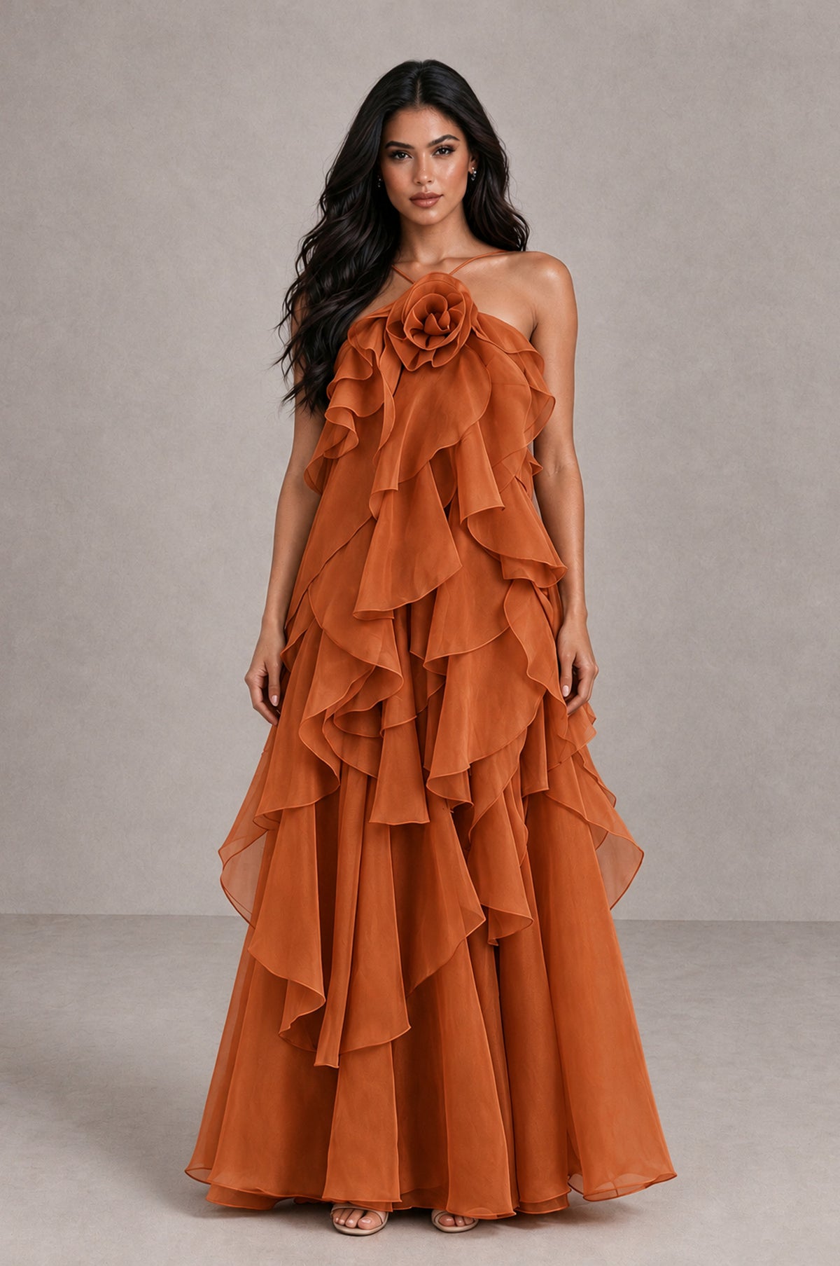 BOLODOO Burnt Orange Cascading Ruffle Rosette Open-Back Maxi Dress - Burnt Orange - Burnt Orange_1