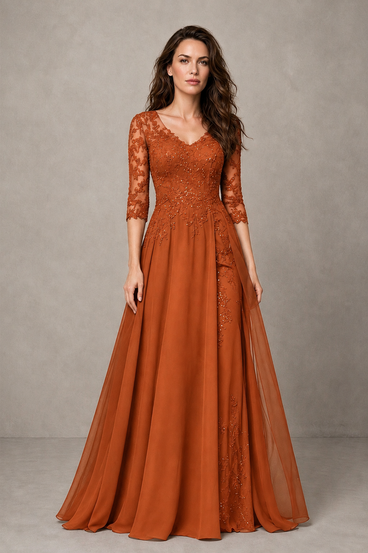 BOLODOO Midnight Burnt Orange Beaded Lace Appliqué Chiffon A-Line Gown | Mother of the Bride & Formal Evening Dress - Burnt Orange - Burnt Orange_1