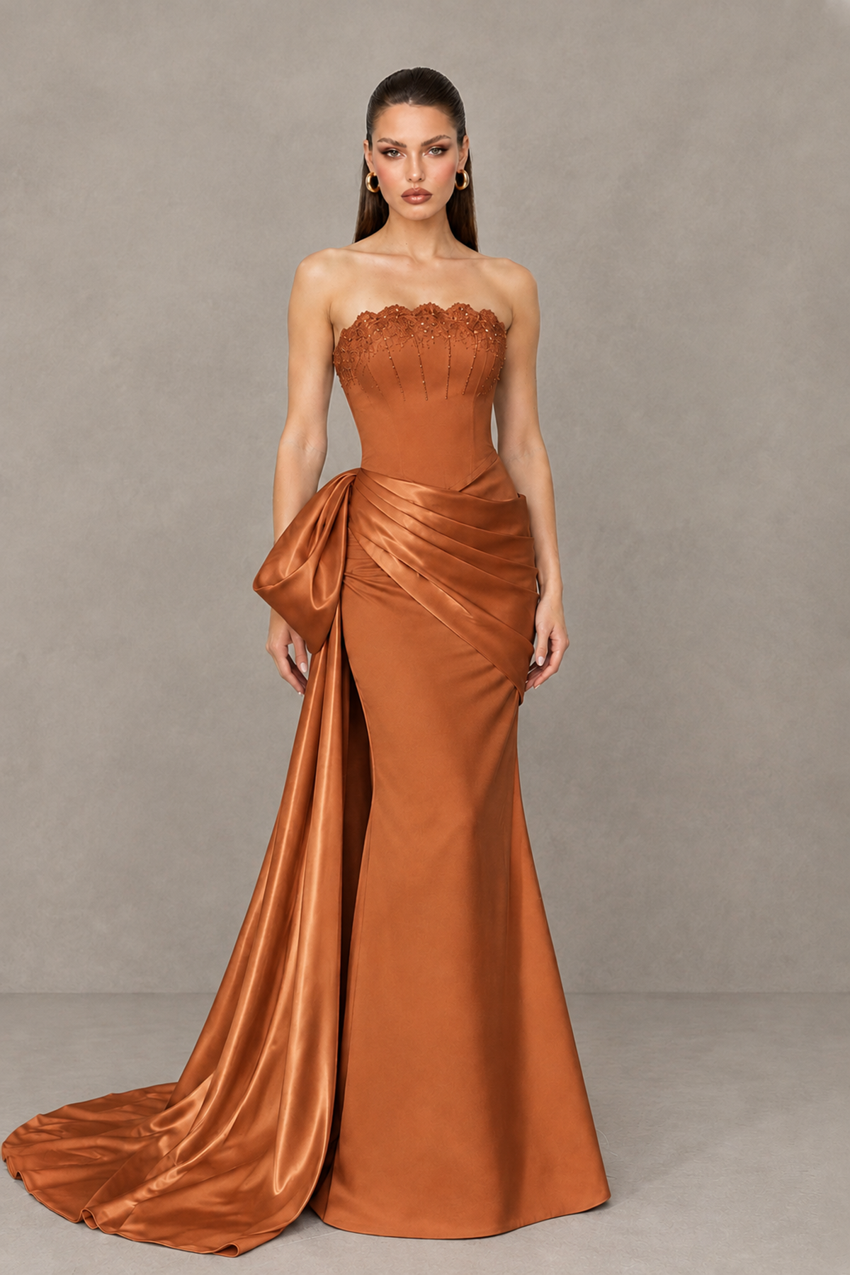 BOLODOO Burnt Orange Strapless Satin Prom Dress with Draped Side Train - Burnt Orange - Burnt_Orange_1