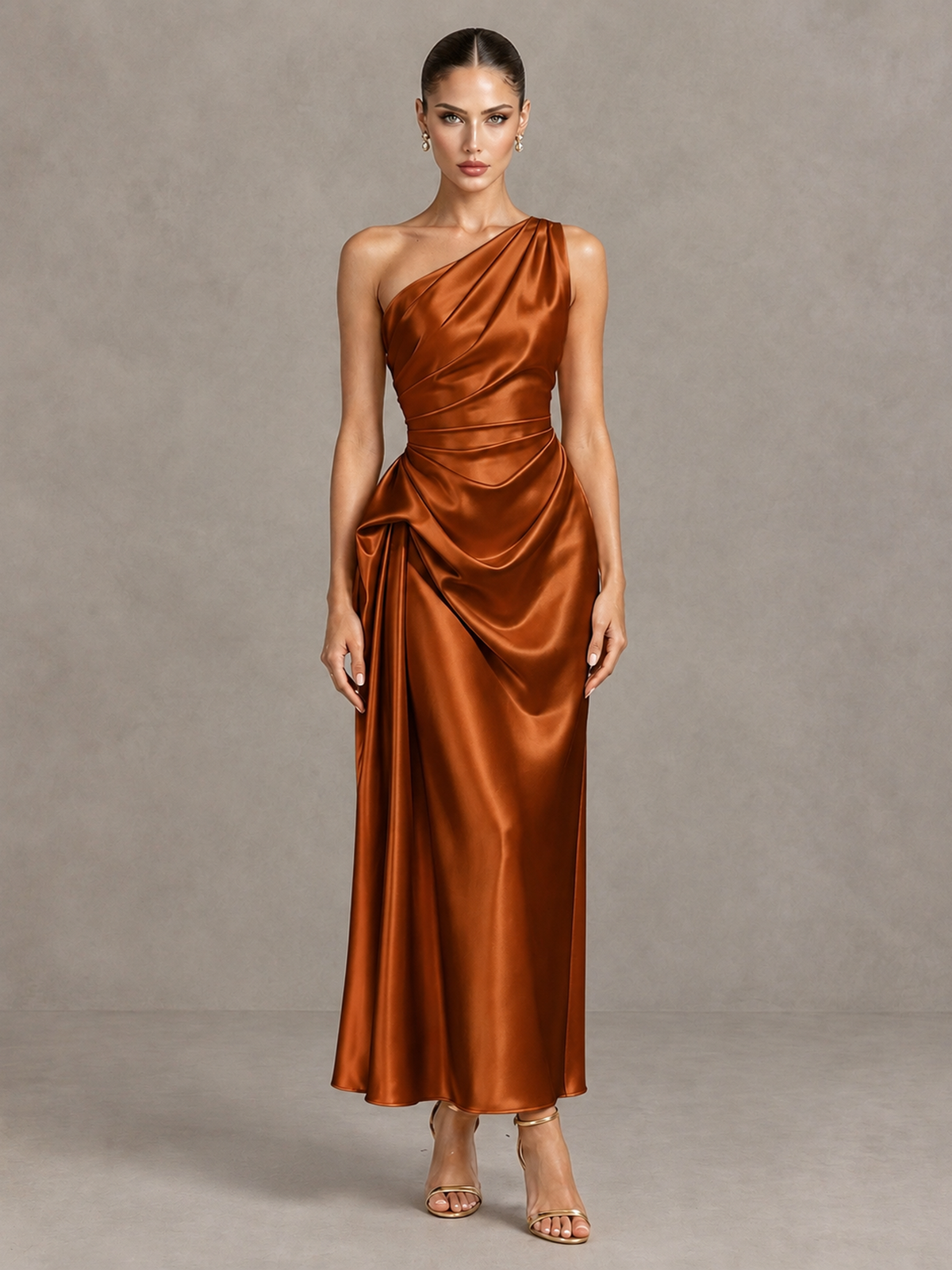 BOLODOO Burnt Orange One Shoulder Satin Cocktail Dress with Draped A-Line Skirt - Burnt Orange - Burnt Orange_1