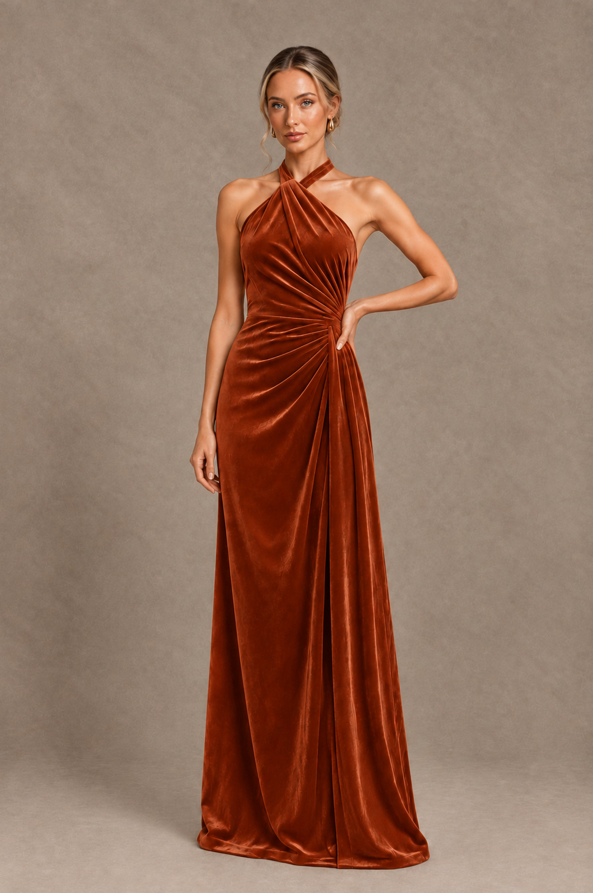 BOLODOO Burnt Orange Velvet Halter Open-Back Ruched Evening Dress - Burnt Orange - Burnt_Orange_1
