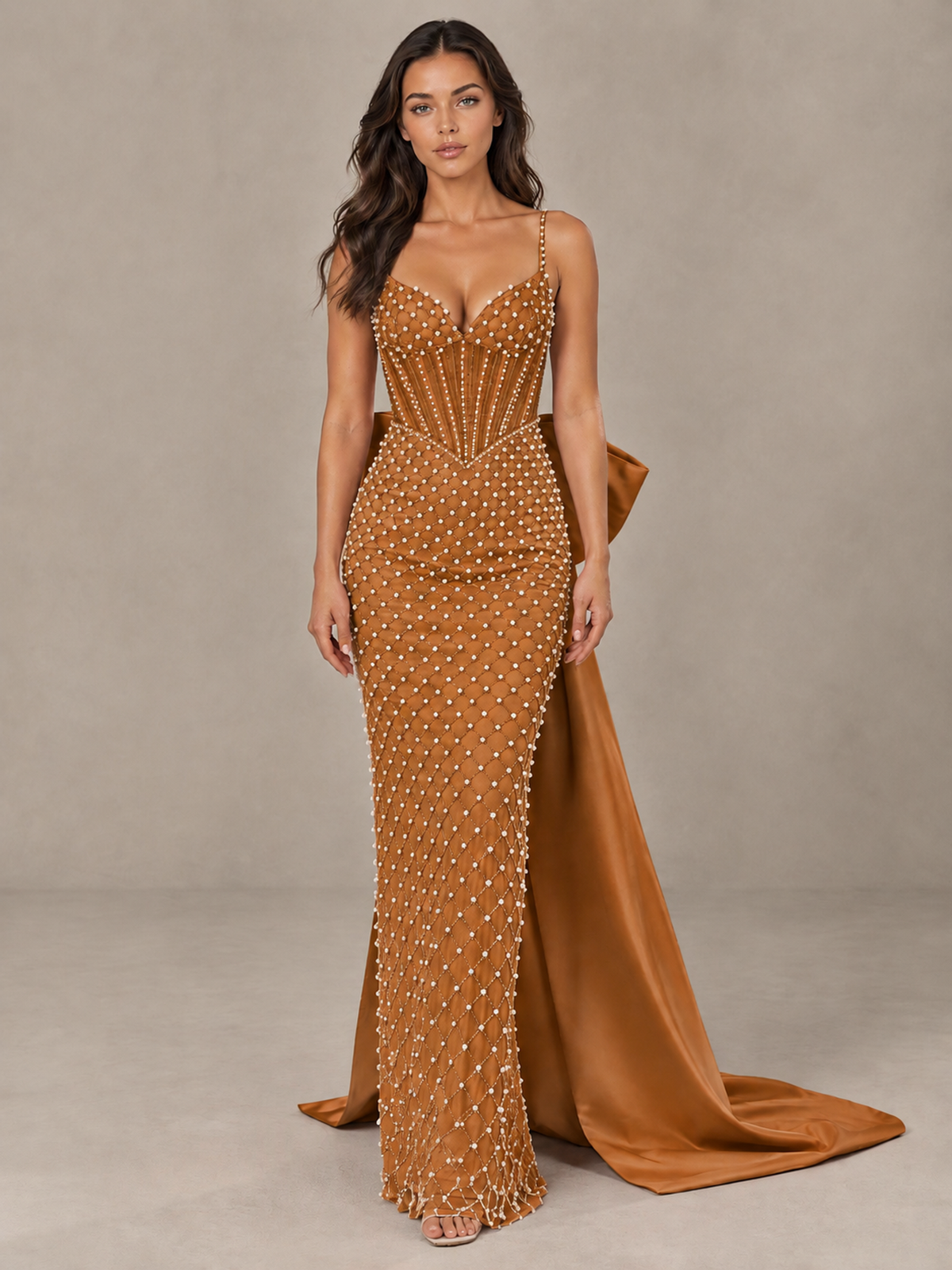 BOLODOO Burnt Orange Beaded Corset Prom Dress with Bow Train - Burnt Orange - Burnt_Orange_1