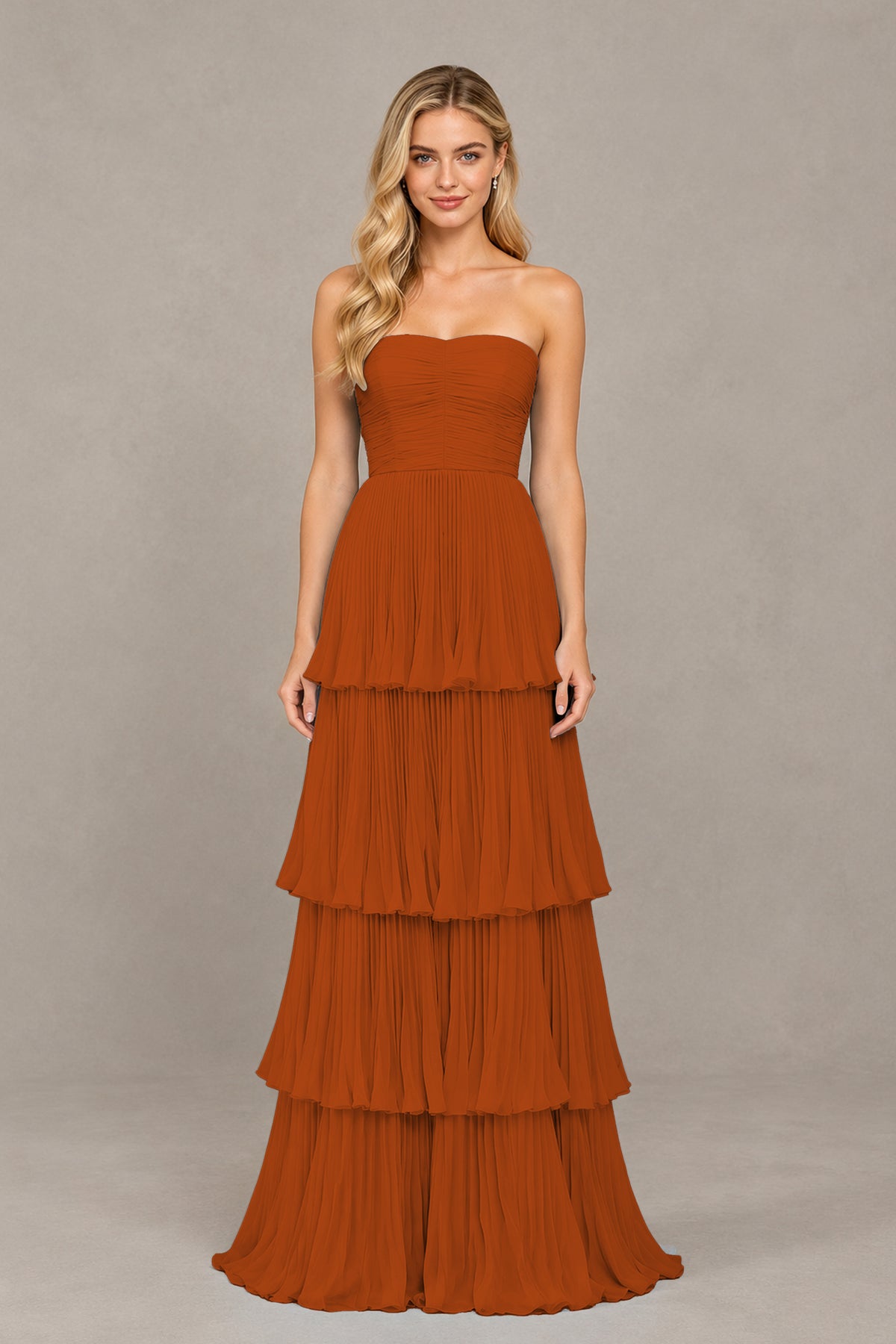 BOLODOO Burnt Orange Strapless Tiered Chiffon Maxi Dress - Burnt Orange