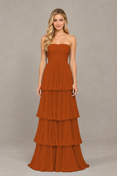 BOLODOO Burnt Orange Strapless Tiered Chiffon Maxi Dress - Burnt Orange