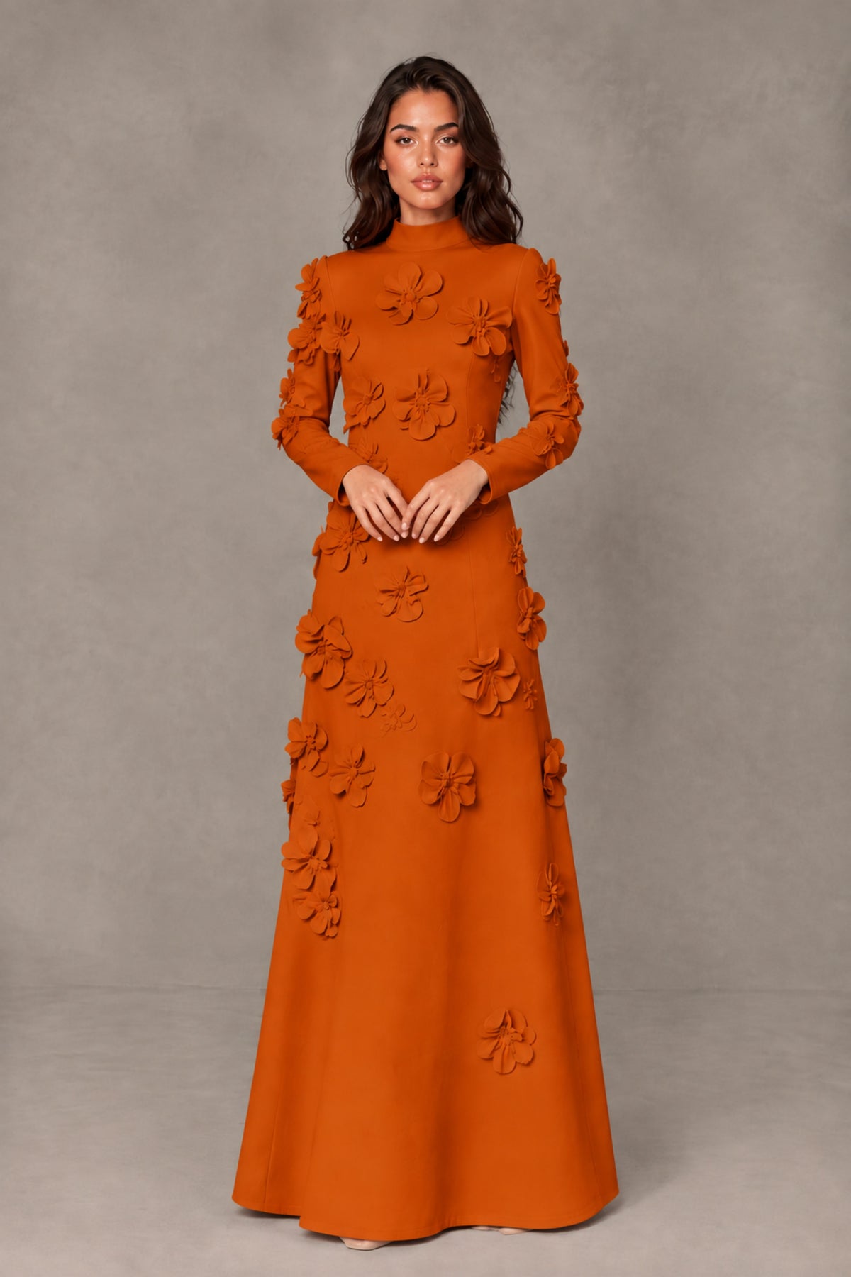BOLODOO Burnt Orange High Neck Long Sleeve 3D Floral Evening Gown - Burnt Orange