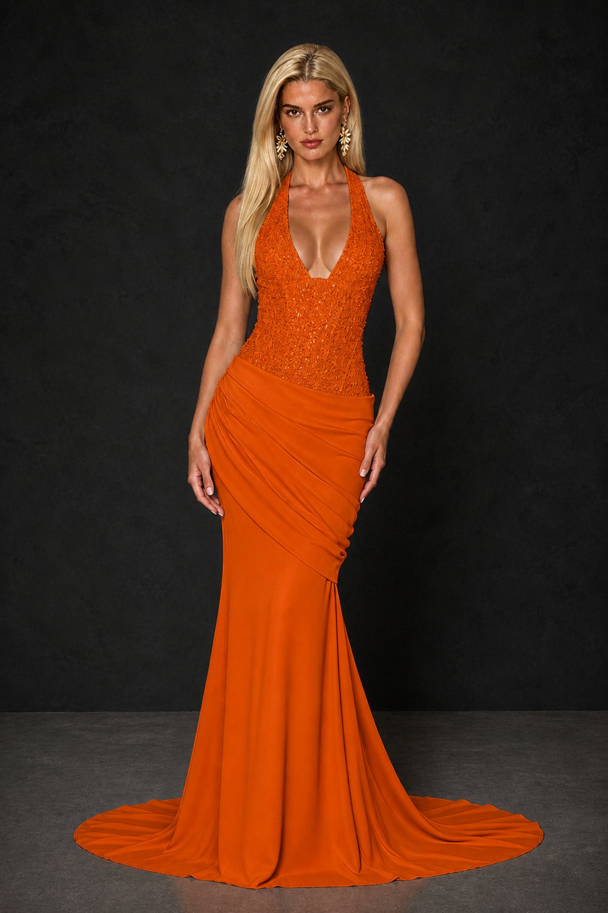 BOLODOO Burnt Orange Halter Mermaid Gown – Deep V Open Back Sequin Formal Evening Dress with Train - Burnt Orange