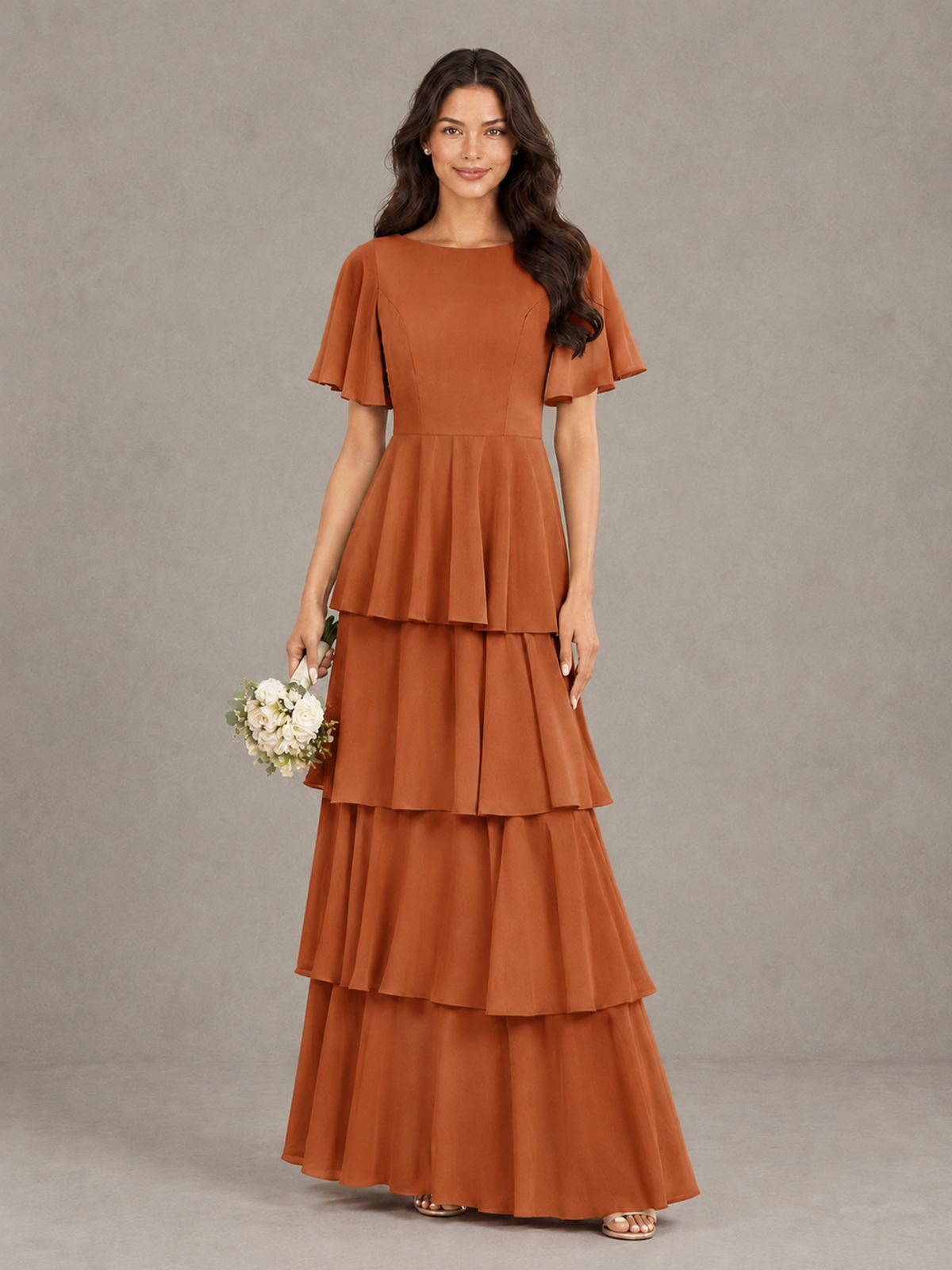 BOLODOO Burnt Orange Tiered Flutter Sleeve Bridesmaid Dress - Burnt Orange - Burnt Orange_1