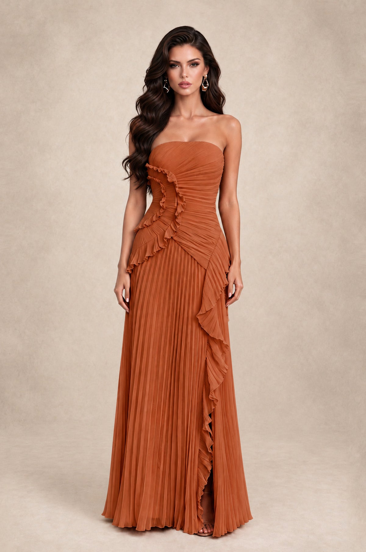 BOLODOO Burnt Orange Strapless Ruffle Pleated Slit Evening Gown - Burnt Orange - Burnt Orange_1