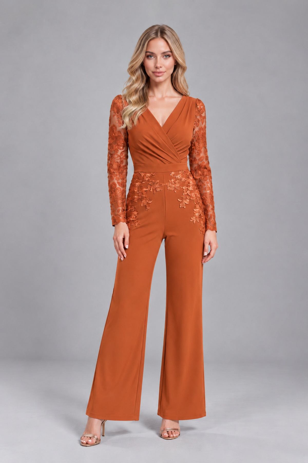 BOLODOO Burnt Orange Lace Long-Sleeve V-Neck Mother Pant Suit - Burnt Orange - Burnt Orange_1