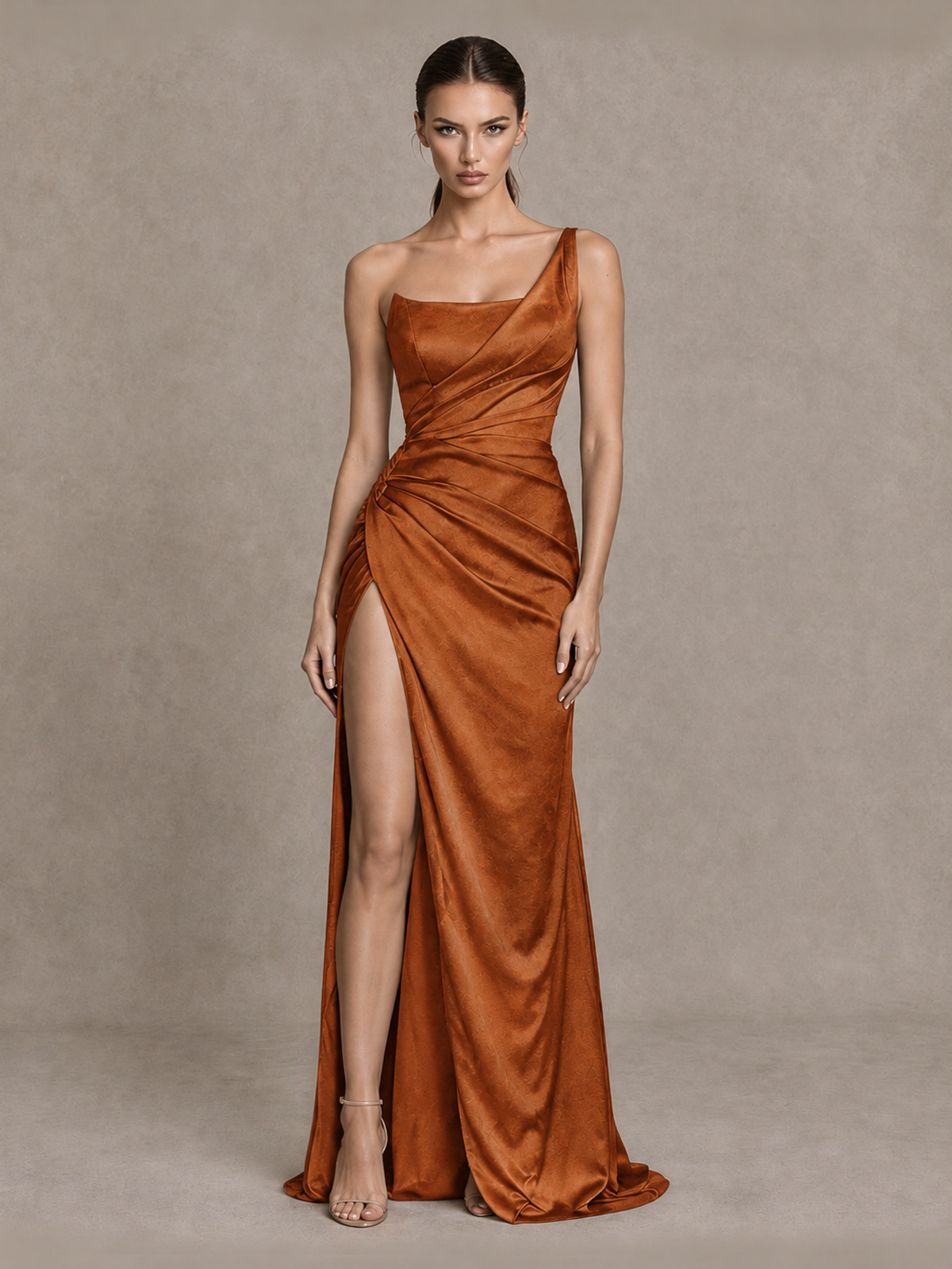 BOLODOO Burnt Orange One Shoulder Satin Evening Gown with High Slit and Sweep Train - Burnt Orange - Burnt Orange_1