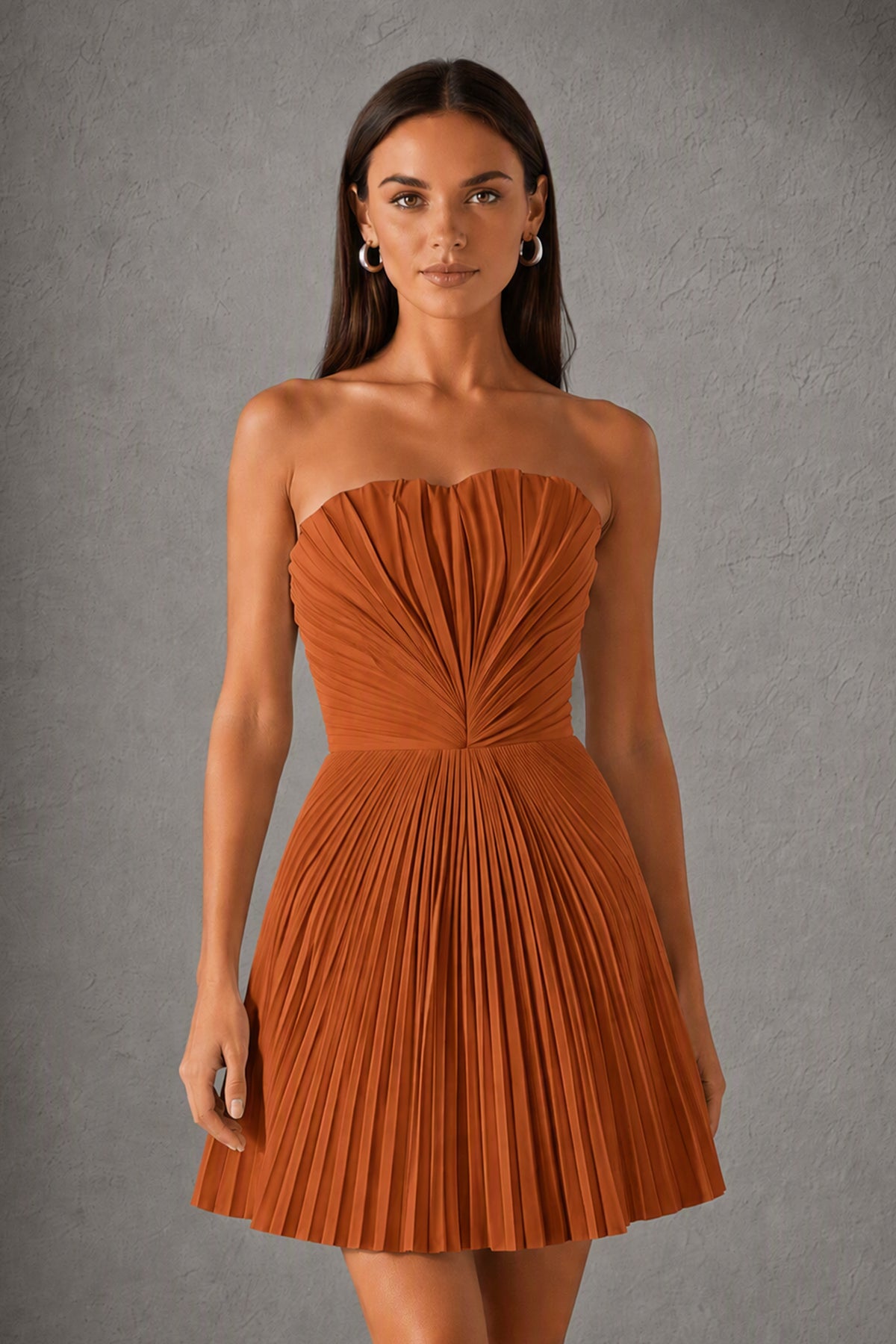 BOLODOO Burnt Orange Strapless Sweetheart Pleated Corset Mini Dress with Lace-Up Back - Burnt Orange