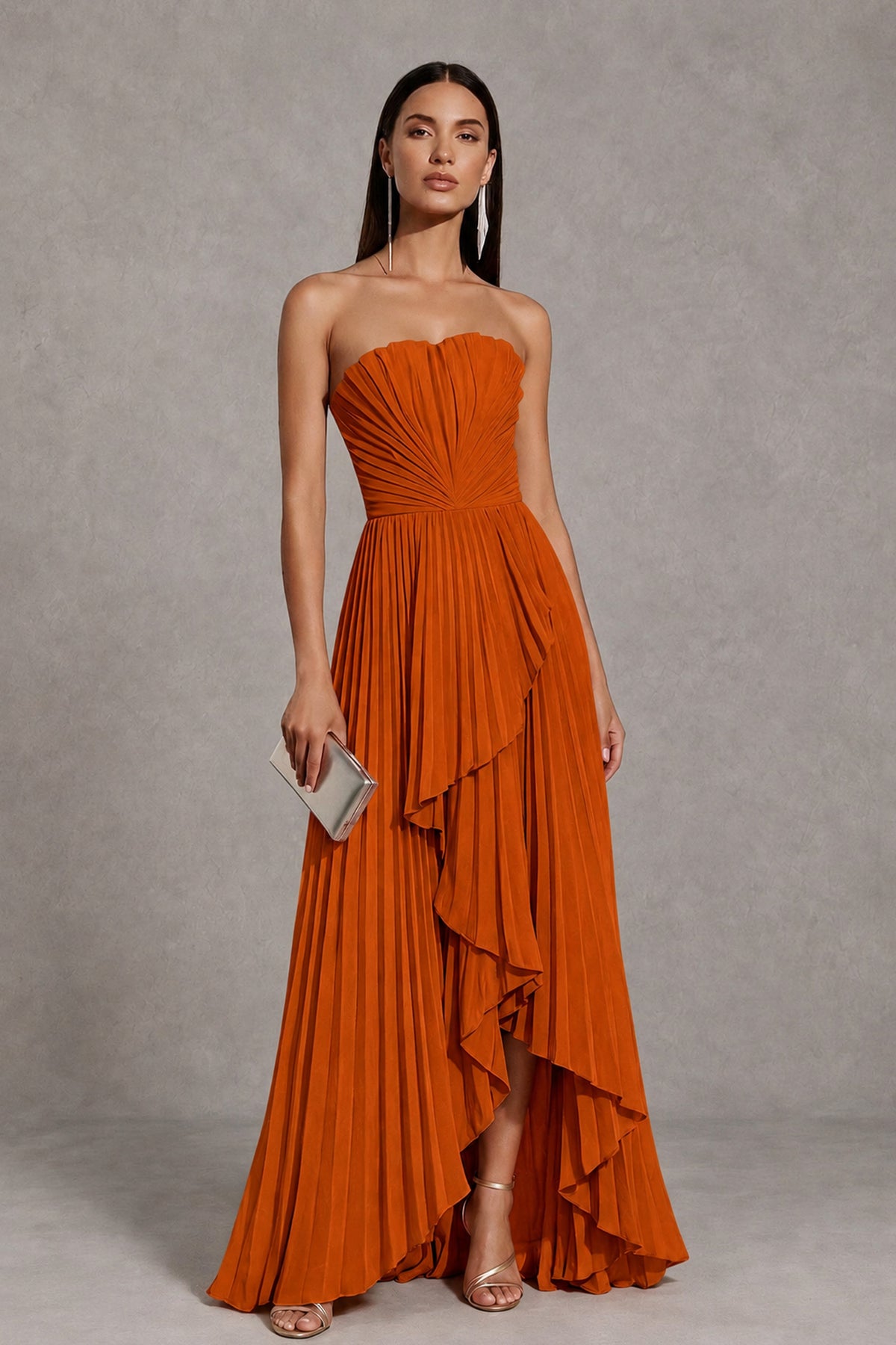 Burnt Orange Strapless Pleated High-Low Evening Gown with Ruffle Hem - Burnt Orange