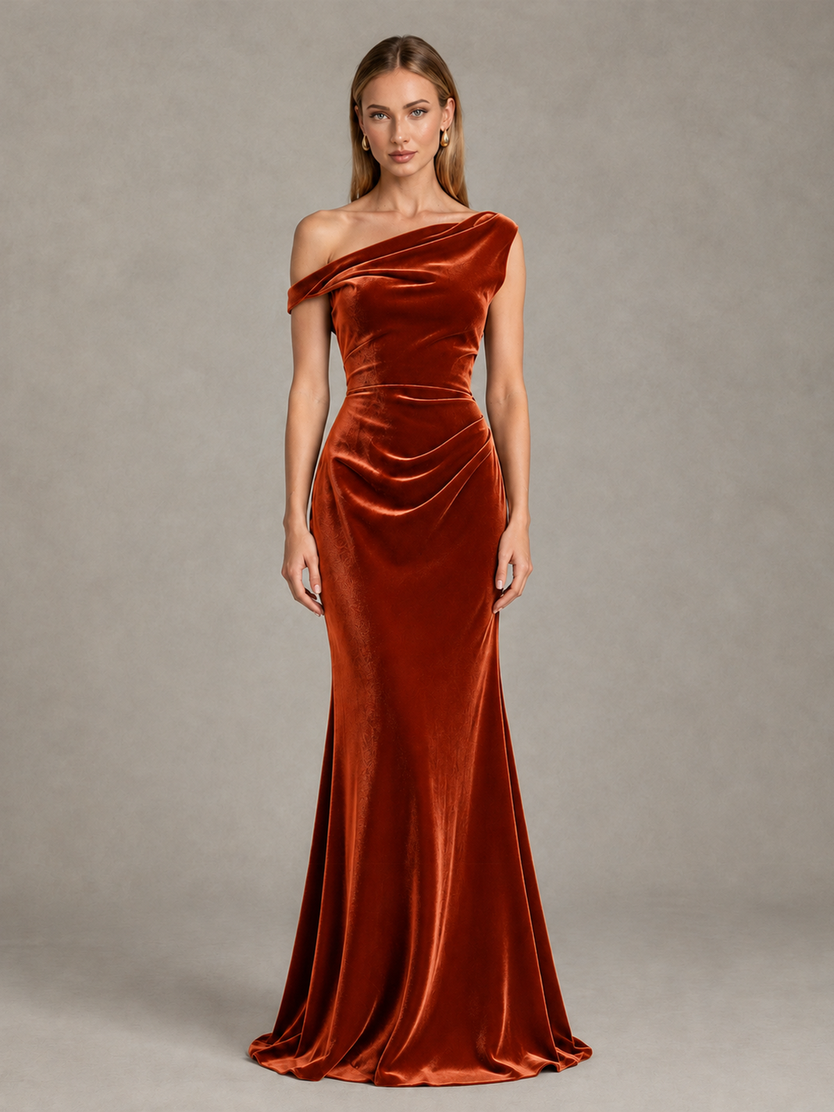 BOLODOO Burnt Orange One-Shoulder Velvet Mermaid Evening Gown - Burnt Orange - Burnt Orange_1