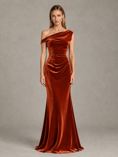 BOLODOO Burnt Orange One-Shoulder Velvet Mermaid Evening Gown - Burnt Orange - Burnt Orange_1