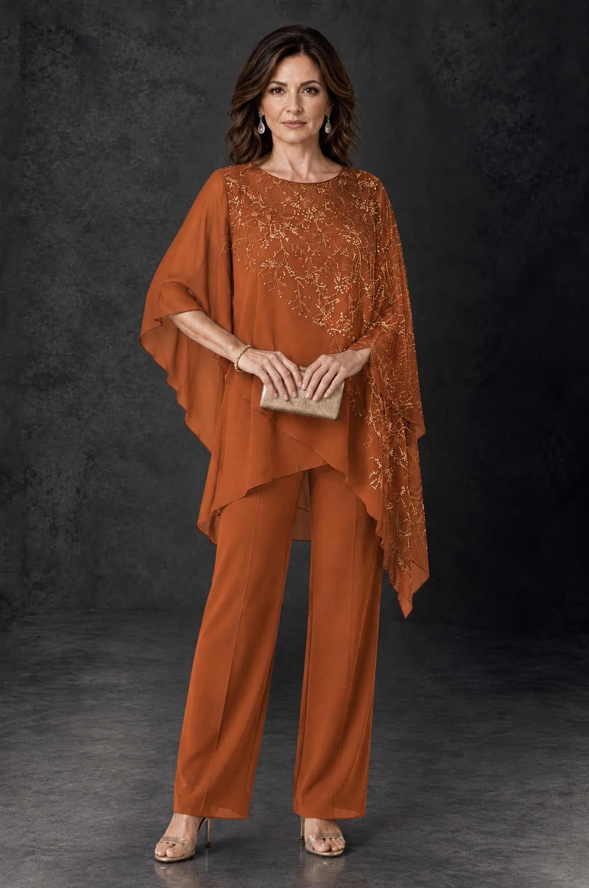 BOLODOO Burnt Orange Embellished Cape Pant Suit for Mother of the Bride - Burnt Orange - Burnt_Orange_1