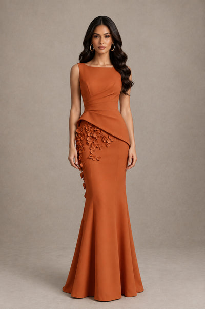 BOLODOO Burnt Orange Bateau Neck Sleeveless Asymmetric Peplum 3D Petal Appliqué Mermaid Gown BD0421 - Burnt Orange - Burnt Orange_1
