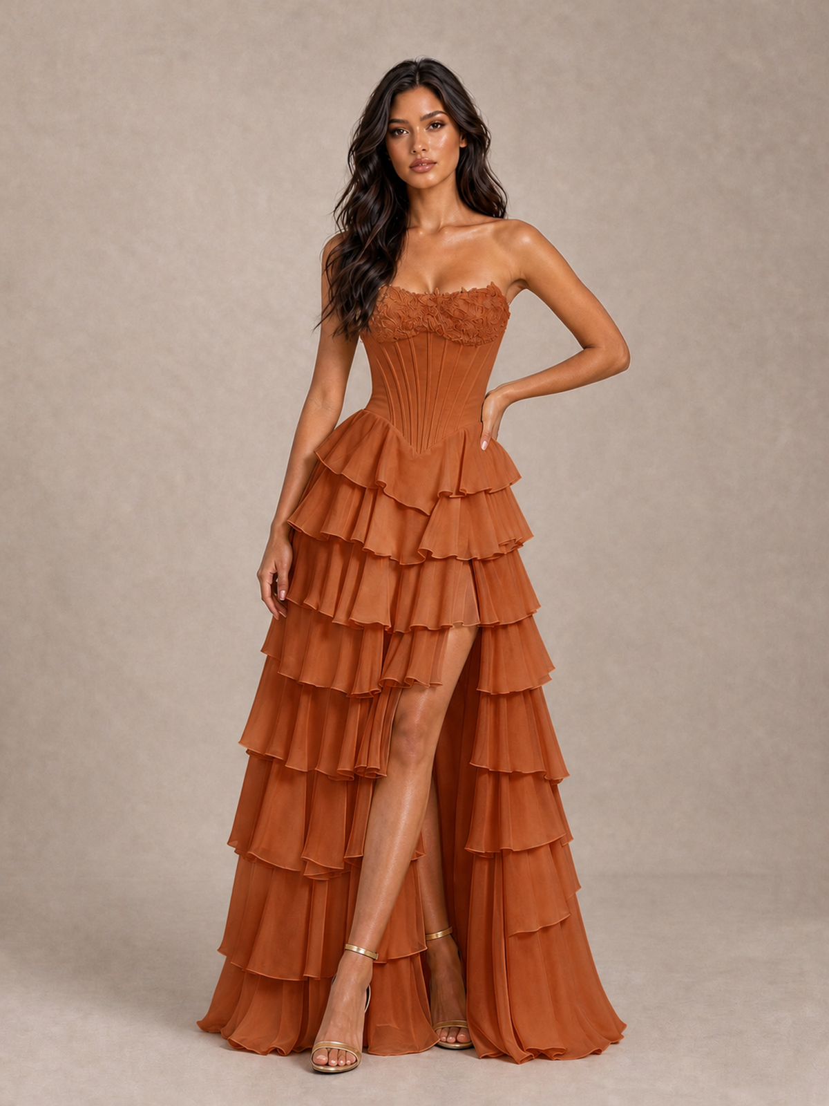 BOLODOO Burnt Orange Strapless Corset Tiered Ruffle Prom Dress with High Slit - Burnt Orange - Burnt Orange_1