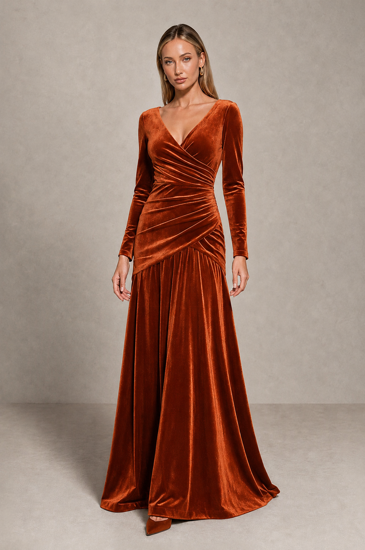 BOLODOO Burnt Orange Velvet Long Sleeve V-Neck Ruched Evening Dress - Burnt Orange - Burnt_Orange_1