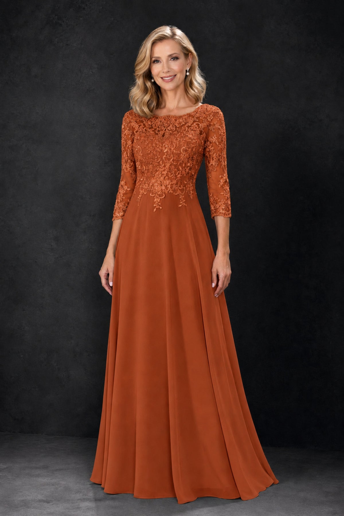 BOLODOO Burnt Orange Lace Embroidered Mother of the Bride Dress with 3/4 Sleeves - Burnt Orange