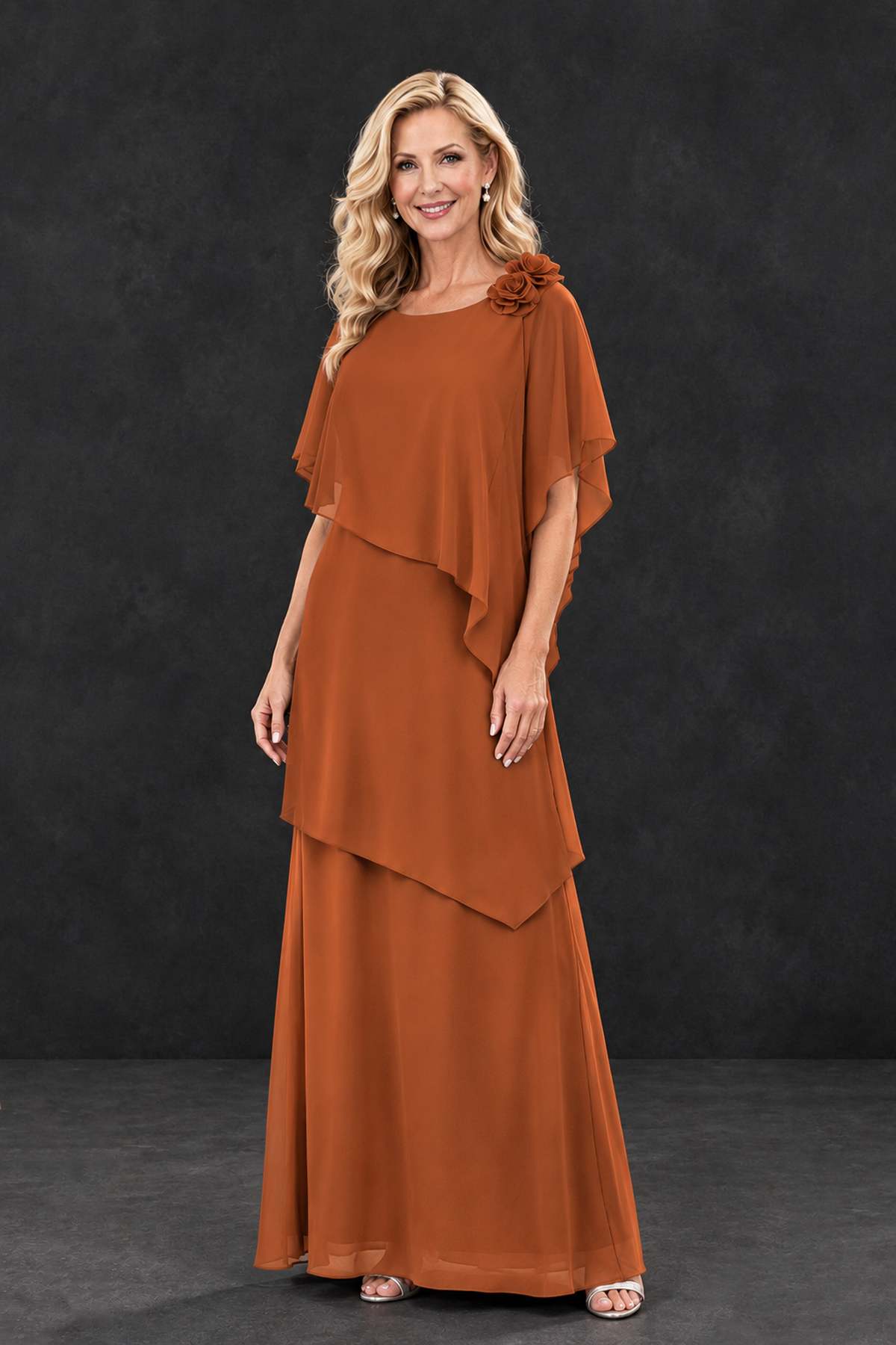 BOLODOO Burnt Orange Tiered Flutter Sleeve Mother of the Bride Maxi Dress - Burnt Orange - Burnt Orange_1