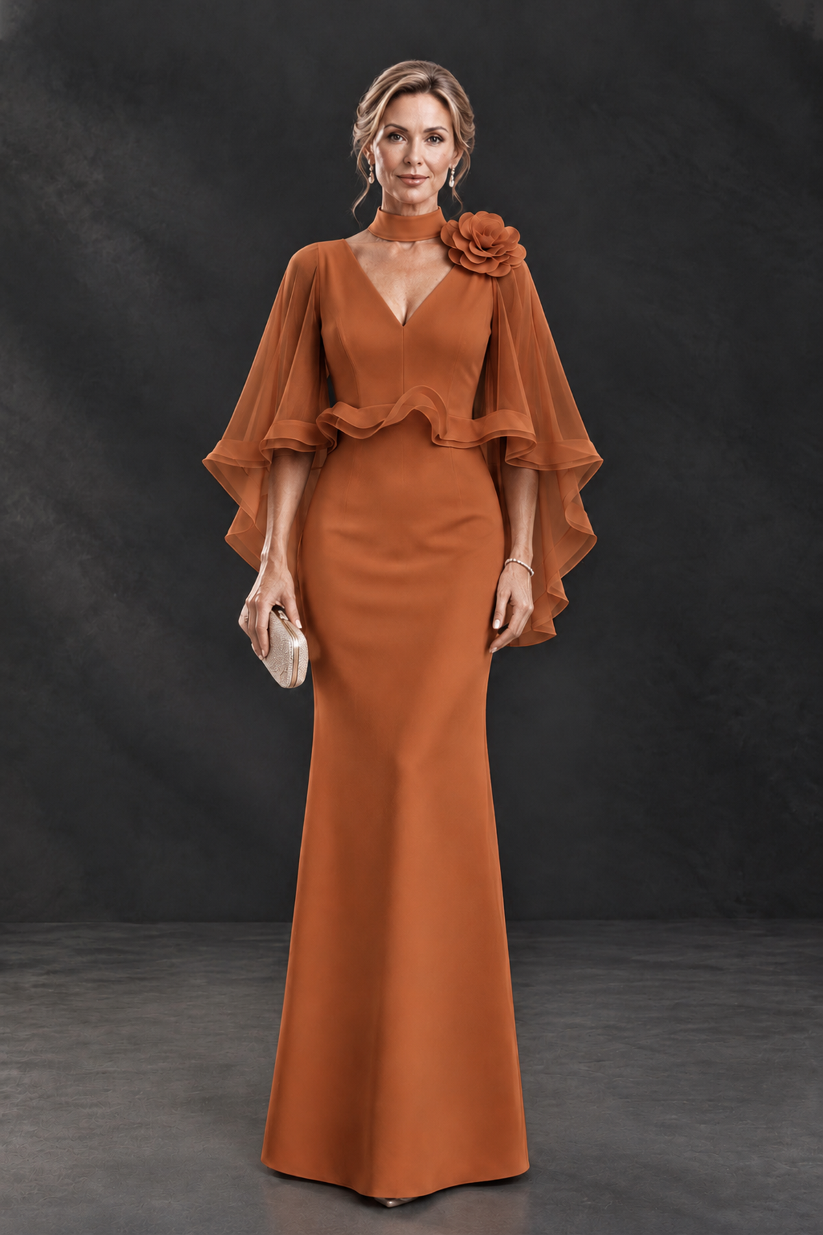 BOLODOO Burnt Orange Floral Cape Sleeve Mother of the Bride Dress - Burnt Orange - Burnt_Orange_1
