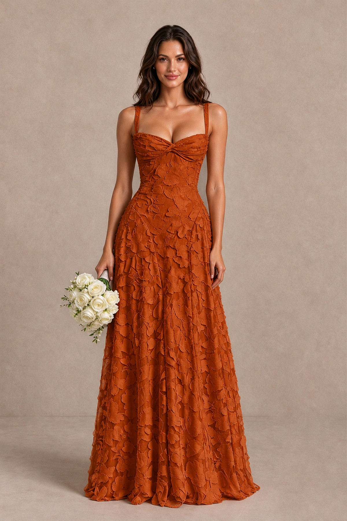 BOLODOO Burnt Orange Floral-Textured A-Line Dress with Lace-Up Back - Burnt Orange - Burnt Orange_1