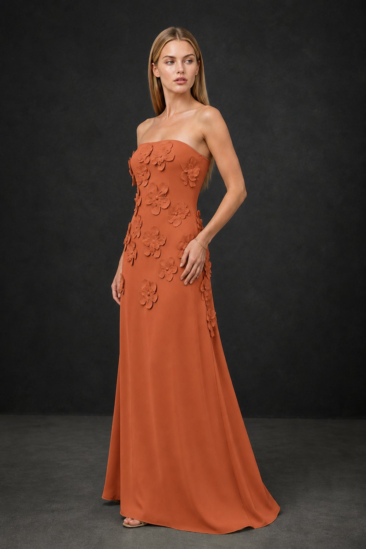 BOLODOO Burnt Orange Strapless 3D Floral Appliqué Crepe Mermaid Maxi Gown - Burnt Orange